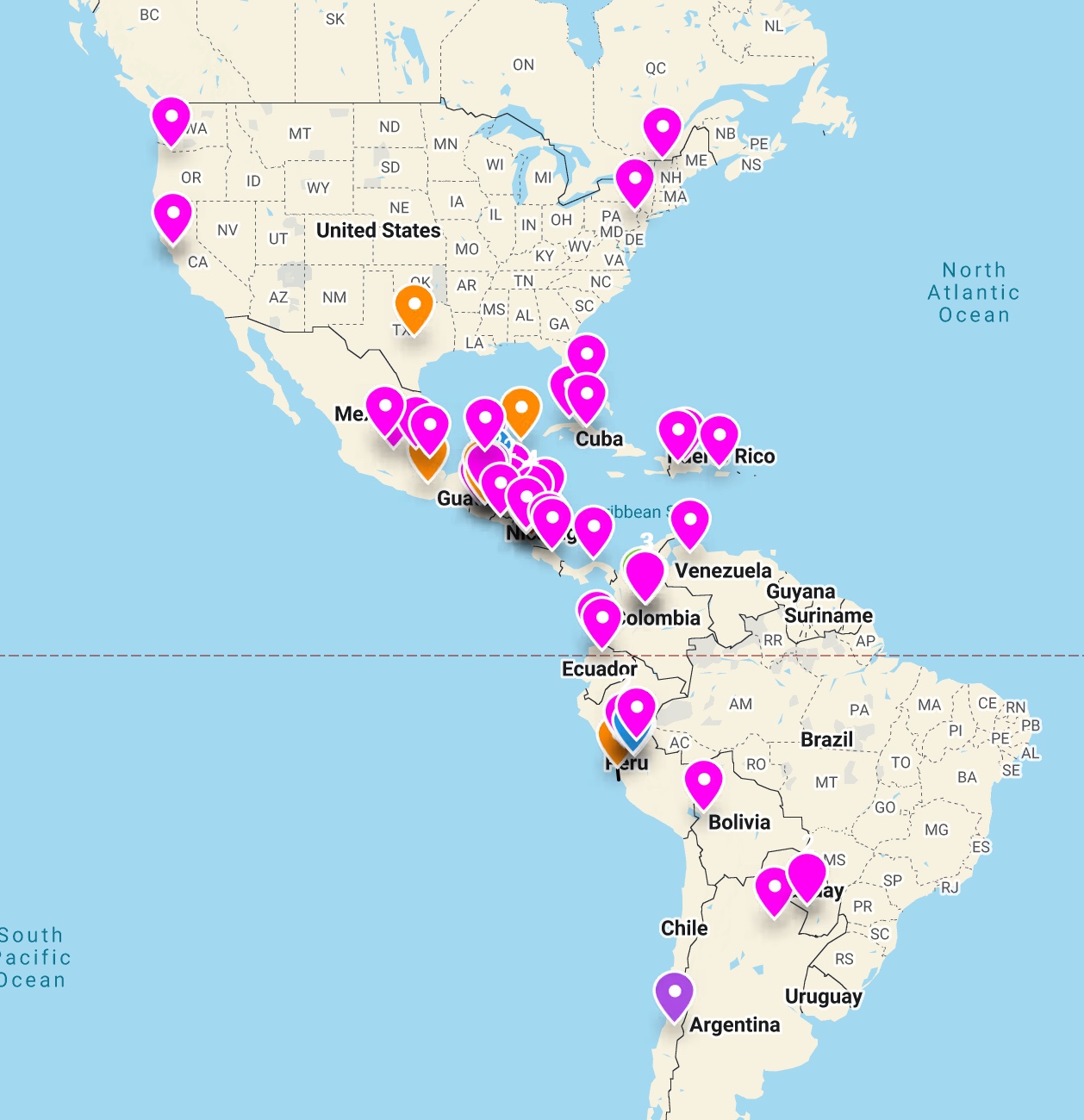 Mapa de la Red Abejas Sin Fronteras a través de Abya Yala / América